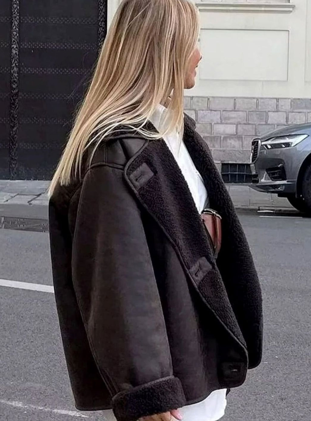 Women's Oversized Sherpa-Lined Double-Breasted Jacket