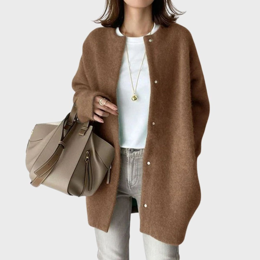 Women's Oversized Snap-Button Knit Cardigan - Brown