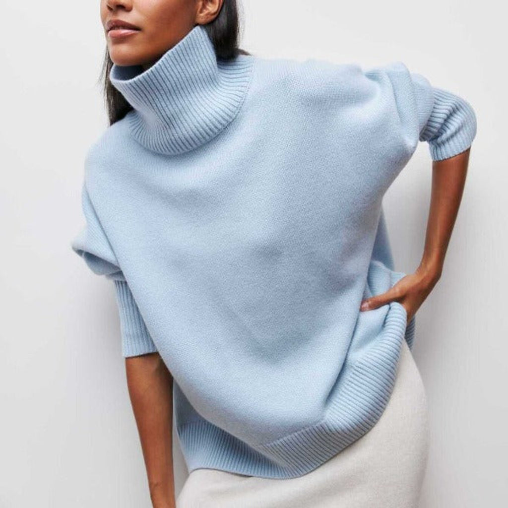 Women's Oversized Turtleneck Knit Pullover Sweater - Blue