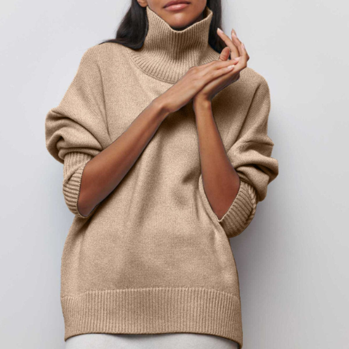 Women's Oversized Turtleneck Knit Pullover Sweater - Beige
