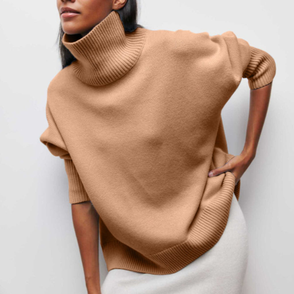 Women's Oversized Turtleneck Knit Pullover Sweater - Khaki