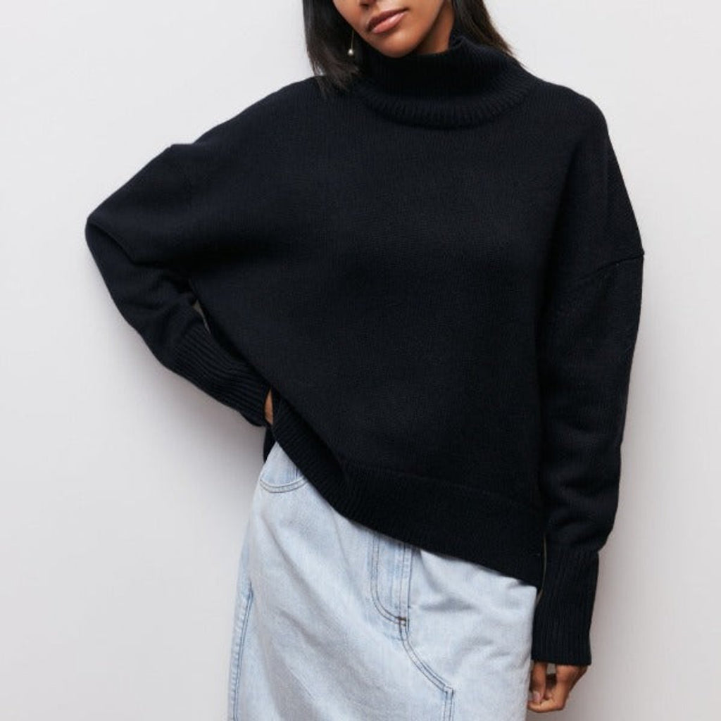 Women's Oversized Turtleneck Knit Pullover Sweater - Black