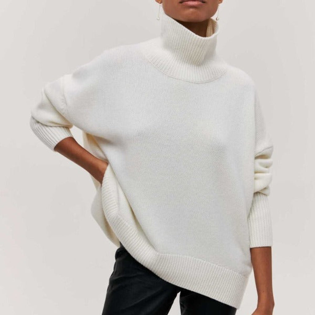 Women's Oversized Turtleneck Knit Pullover Sweater - White