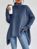 Women's Oversized Turtleneck Sweater Long Ribbed-Cuff Knit Pullover - Ocean Blue