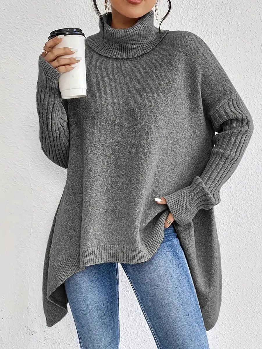 Women's Oversized Turtleneck Sweater Long Ribbed-Cuff Knit Pullover - Stone Gray