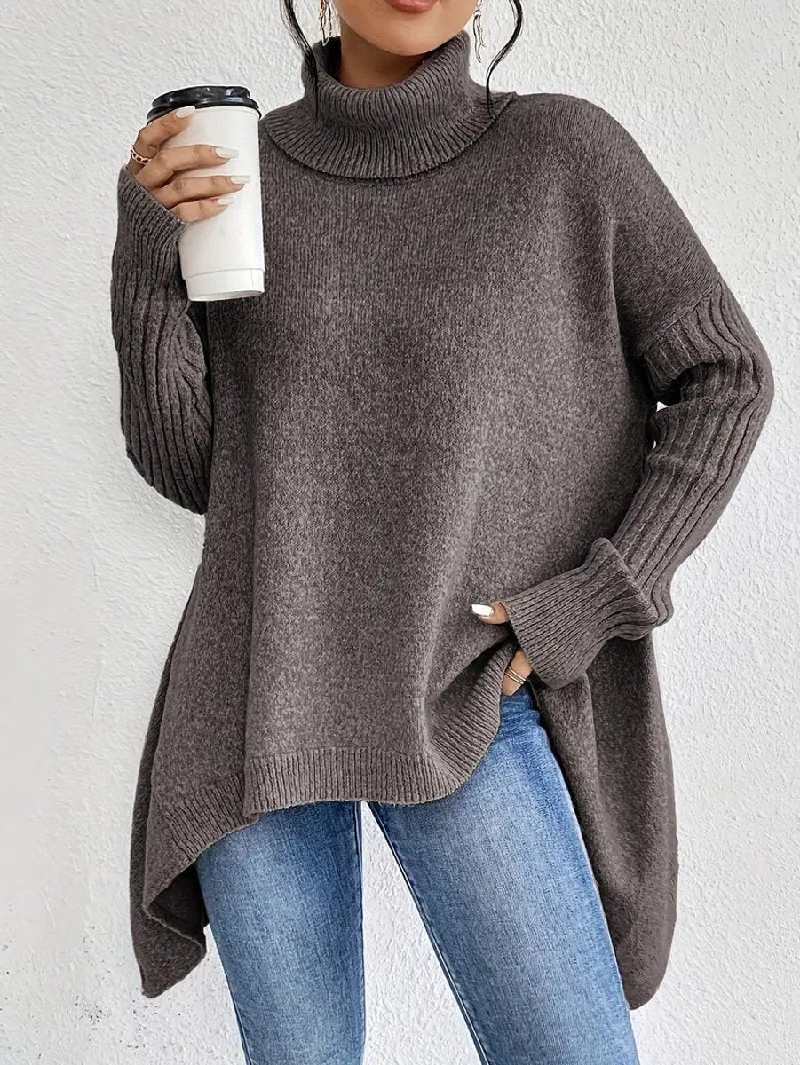 Women's Oversized Turtleneck Sweater Long Ribbed-Cuff Knit Pullover - Espresso Brown