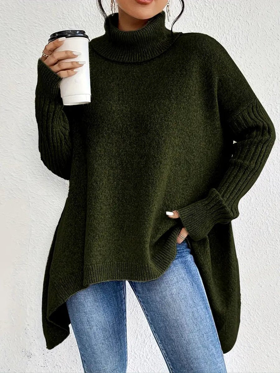 Women's Oversized Turtleneck Sweater Long Ribbed-Cuff Knit Pullover - Pine Green