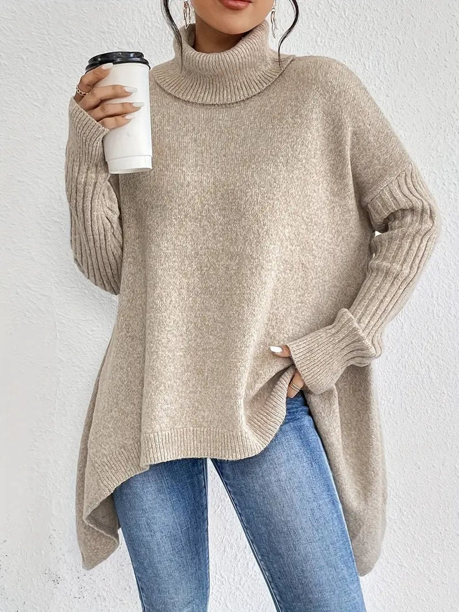 Women's Oversized Turtleneck Sweater Long Ribbed-Cuff Knit Pullover - Desert Khaki