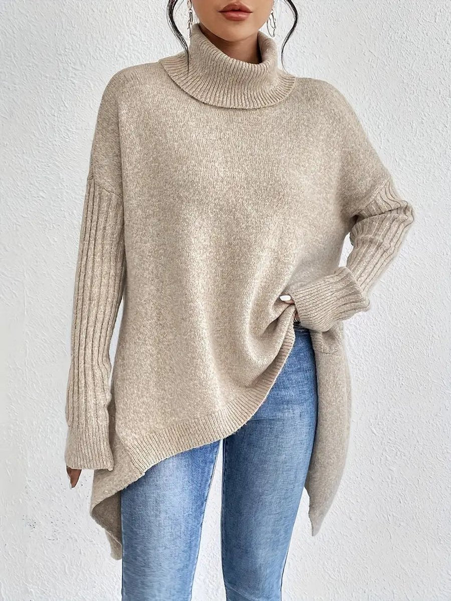 Women's Oversized Turtleneck Sweater Long Ribbed-Cuff Knit Pullover