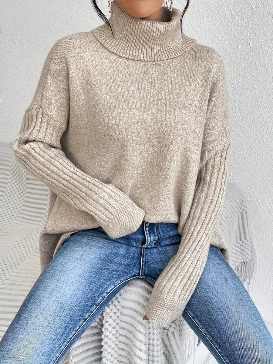 Women's Oversized Turtleneck Sweater Long Ribbed-Cuff Knit Pullover