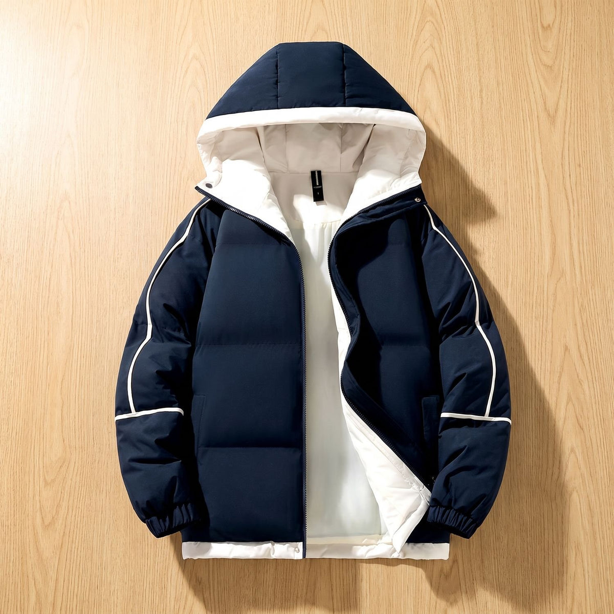 Women's Oversized Two-Tone Hooded Puffer Jacket - Navy Blue