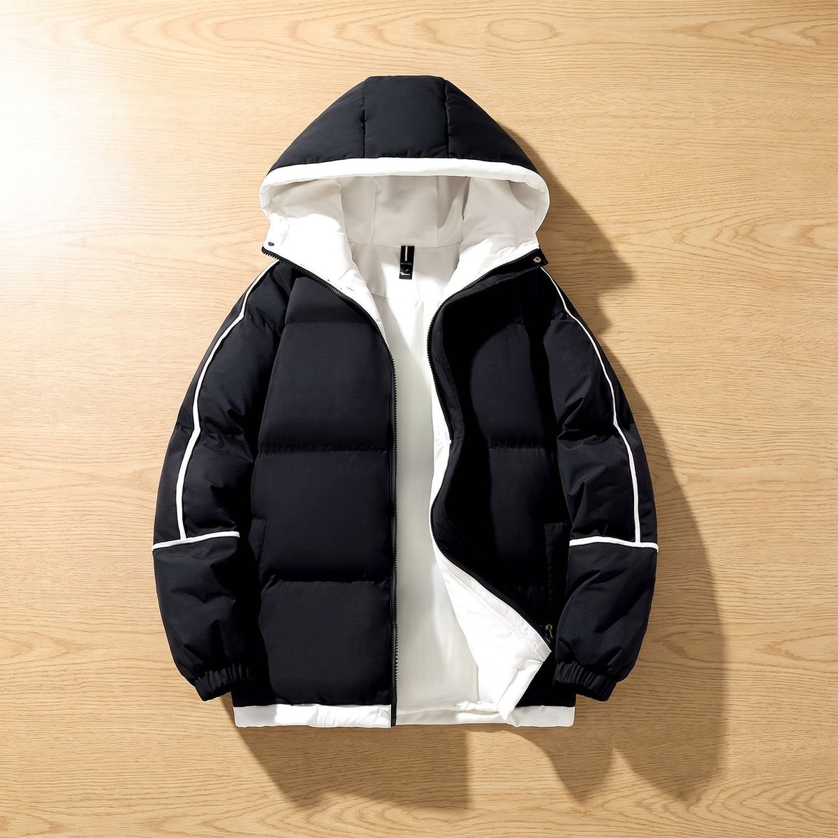 Women's Oversized Two-Tone Hooded Puffer Jacket - Black