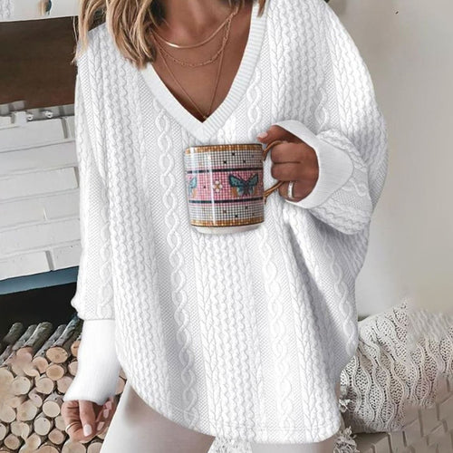 Women's Oversized V-Neck Cable-Knit Sweater Long Sleeve - White