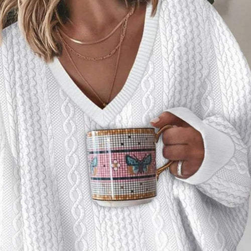 Women's Oversized V-Neck Cable-Knit Sweater Long Sleeve