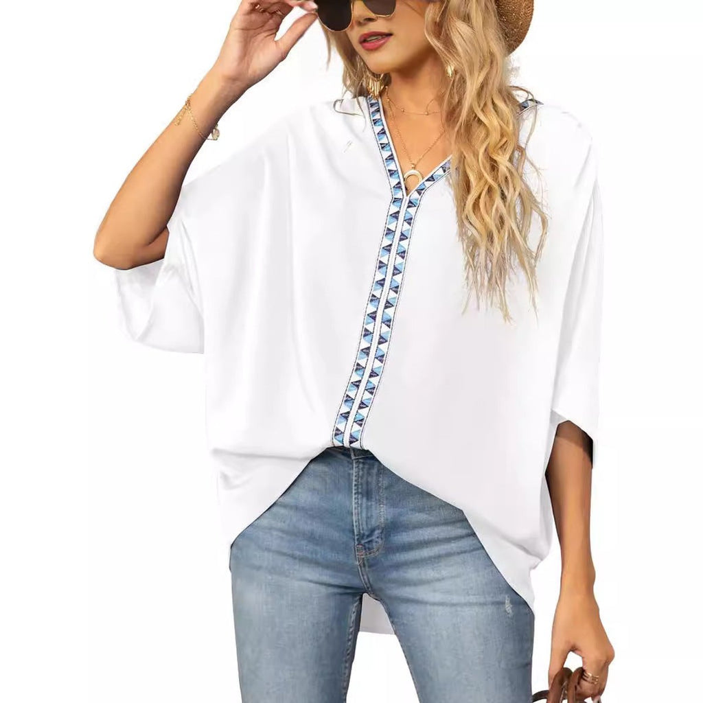 Women's Oversized V-Neck Geometric Trim Relaxed Tunic Top