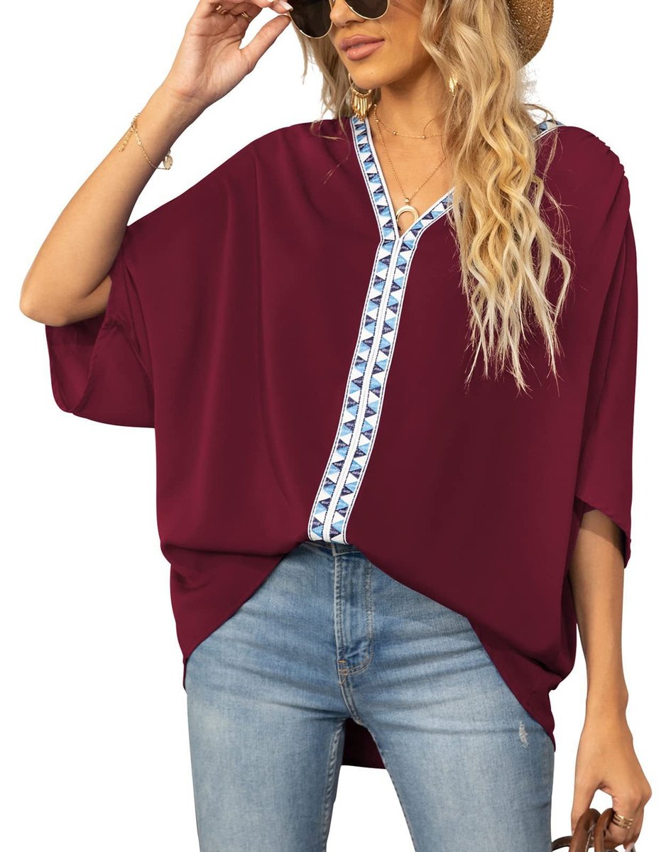 Women's Oversized V-Neck Geometric Trim Relaxed Tunic Top - Gelb