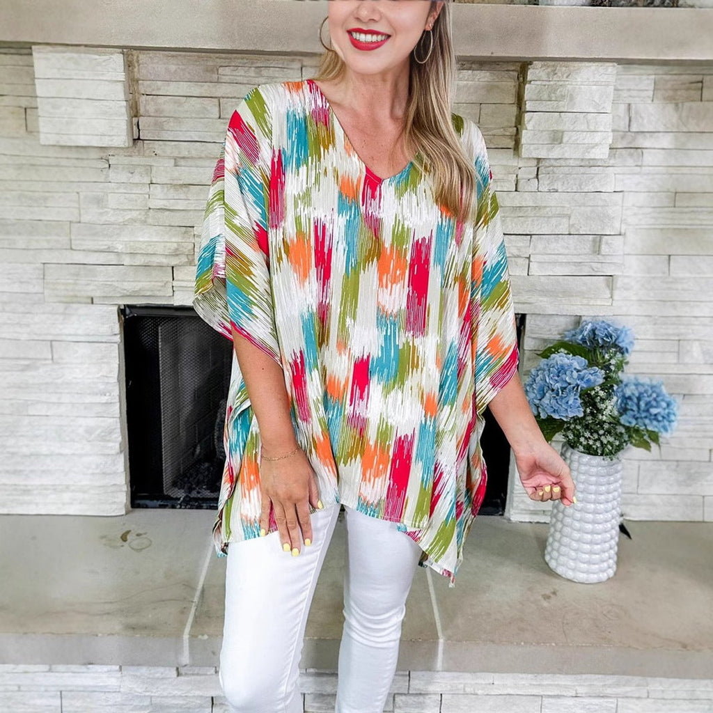 Women's Oversized V-Neck Multicolor Print Relaxed Tunic Top