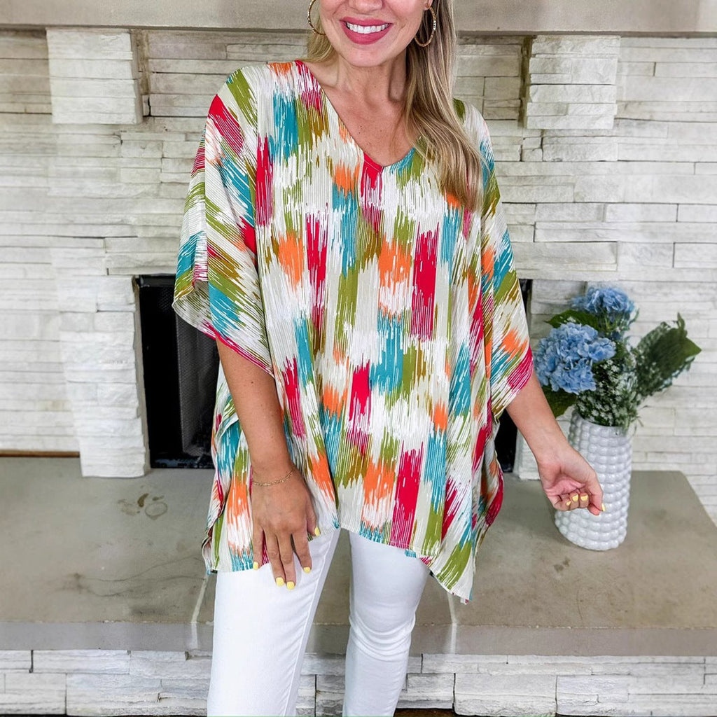Women's Oversized V-Neck Multicolor Print Relaxed Tunic Top
