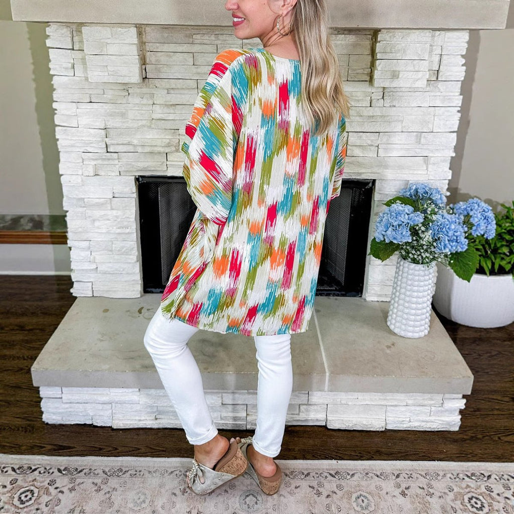 Women's Oversized V-Neck Multicolor Print Relaxed Tunic Top