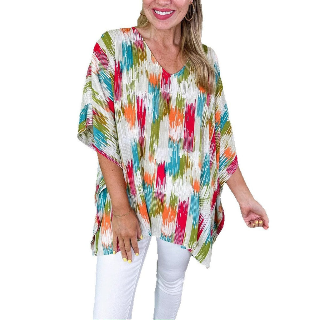 Women's Oversized V-Neck Multicolor Print Relaxed Tunic Top