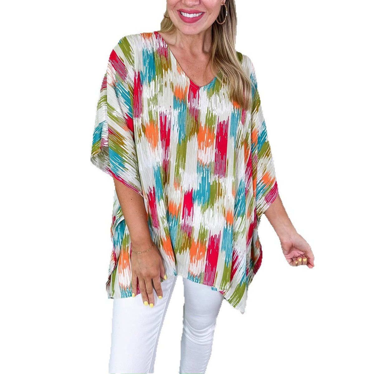 Women's Oversized V-Neck Multicolor Print Relaxed Tunic Top