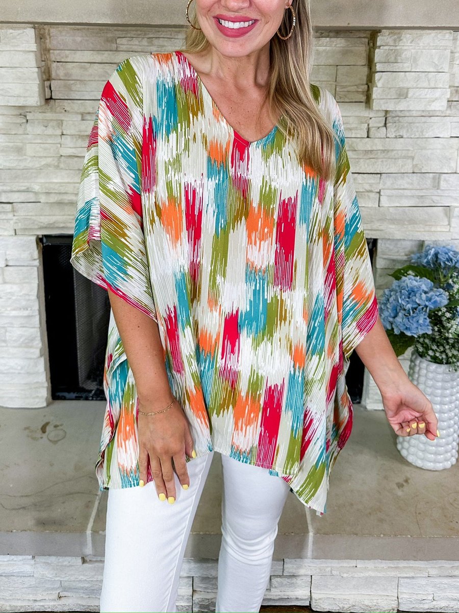 Women's Oversized V-Neck Multicolor Print Relaxed Tunic Top - Bunt