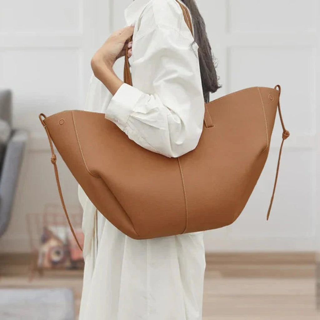 Women's Oversized Vintage PU Leather Shoulder Tote Bag - Kamel