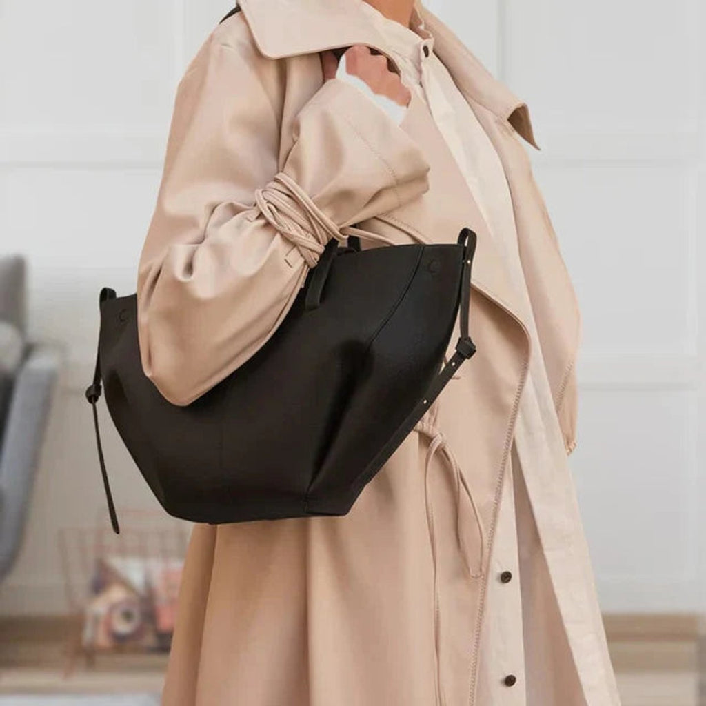 Women's Oversized Vintage PU Leather Shoulder Tote Bag - Schwarz