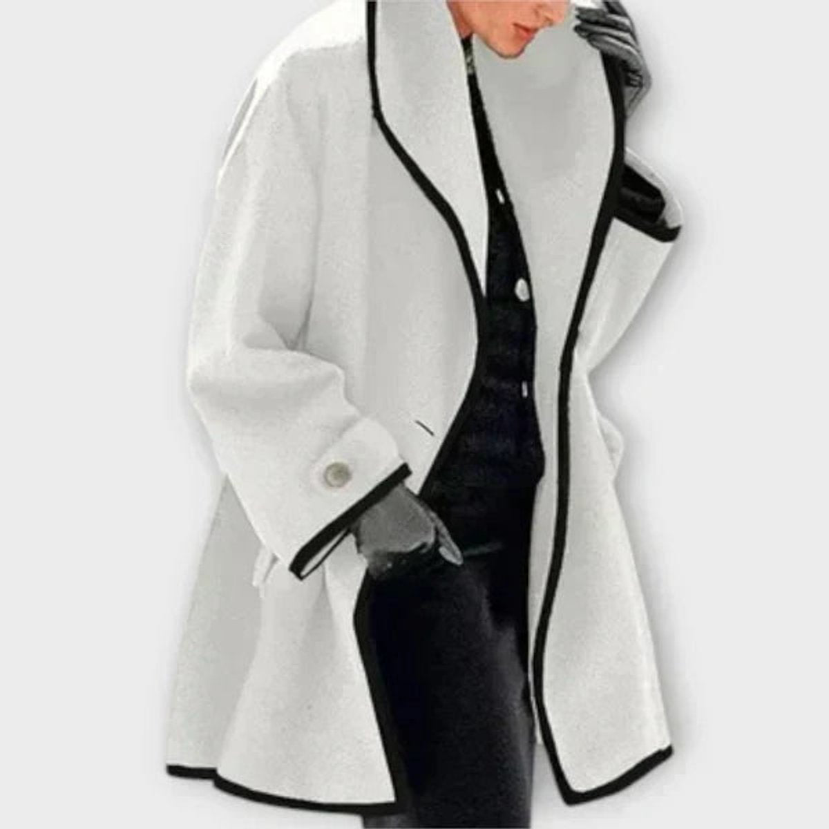 Women's Oversized Wool-Blend Swing Coat Black Contrast Trim - White