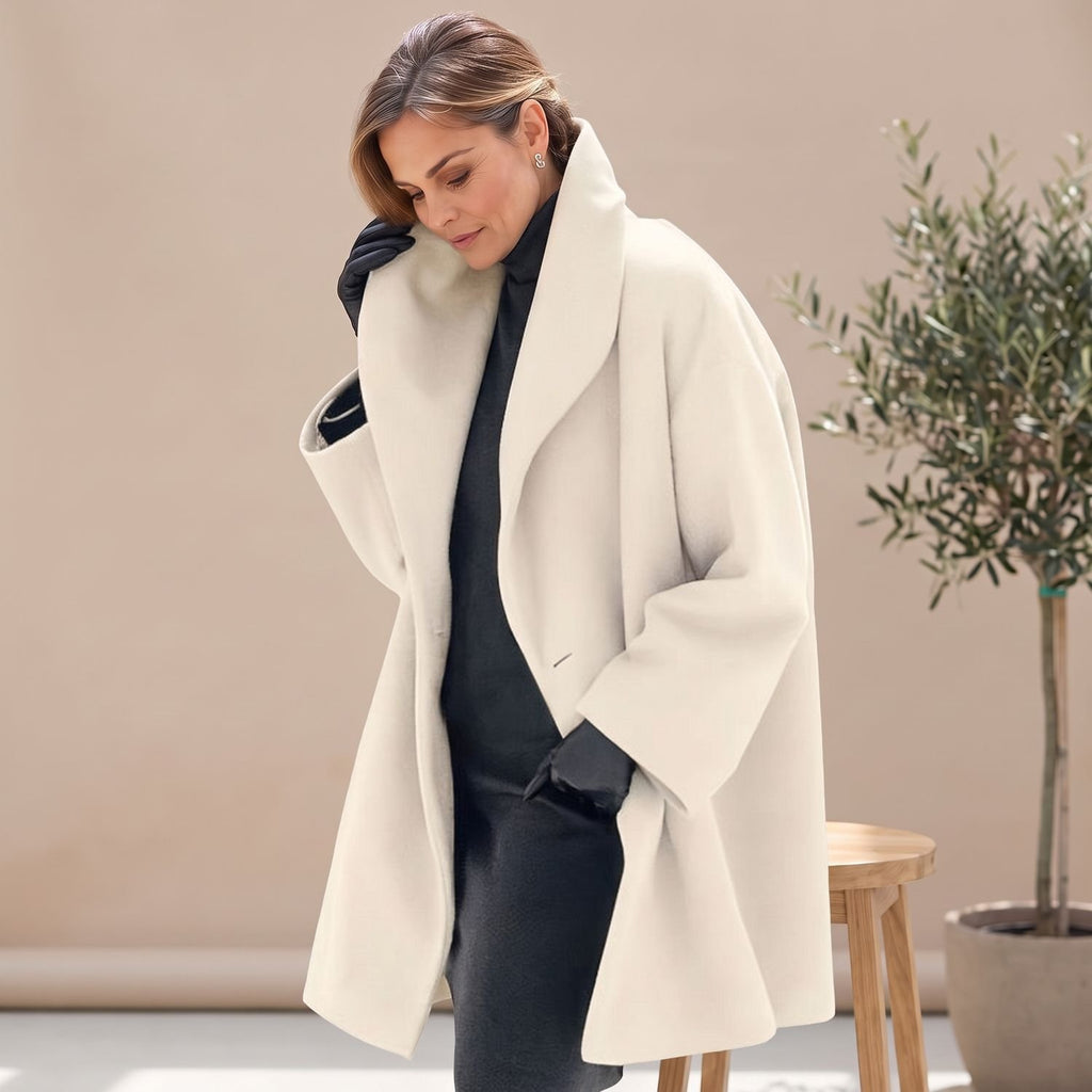 Women's Oversized Wool Coat Wide Lapel Relaxed Fit - White