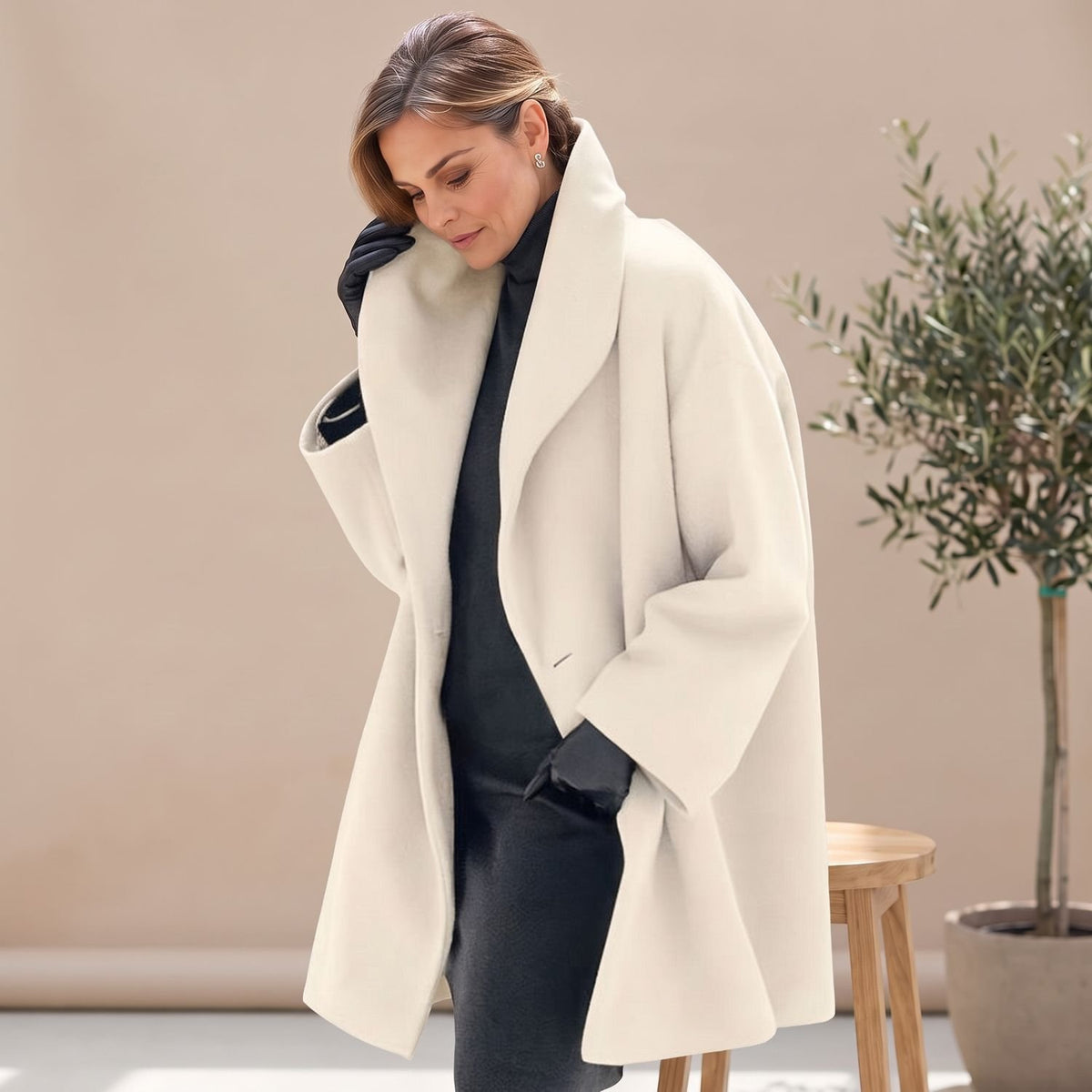 Women's Oversized Wool Coat Wide Lapel Relaxed Fit - White