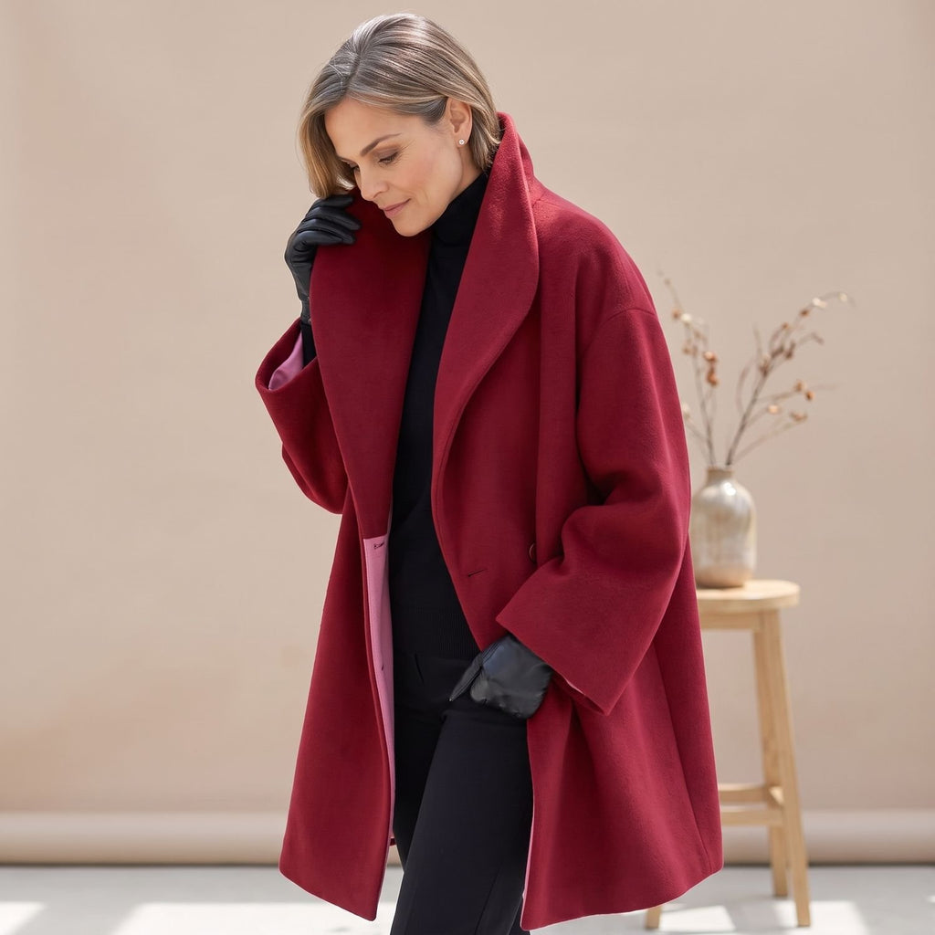 Women's Oversized Wool Coat Wide Lapel Relaxed Fit - Red