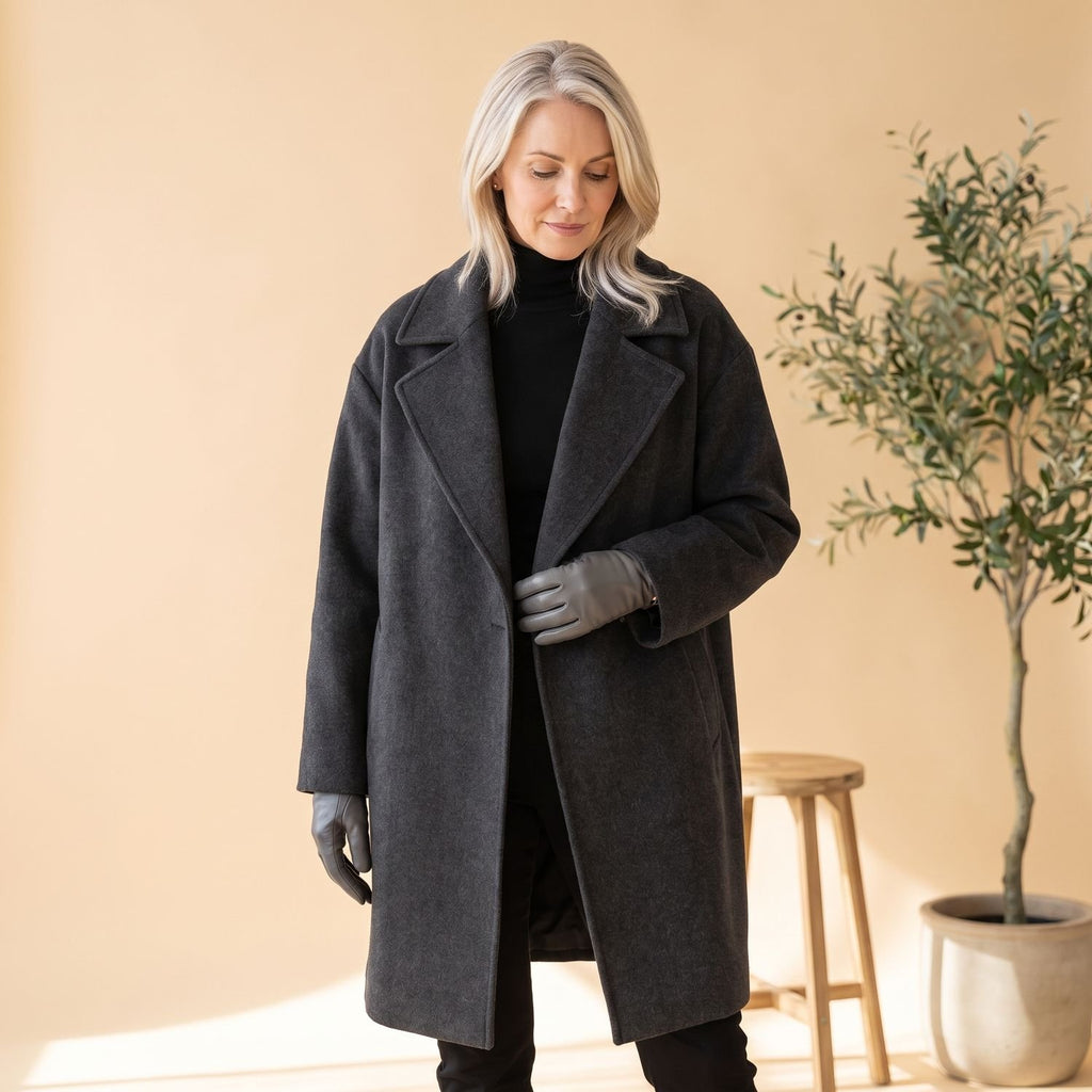 Women's Oversized Wool Coat Wide Lapel Relaxed Fit - Black