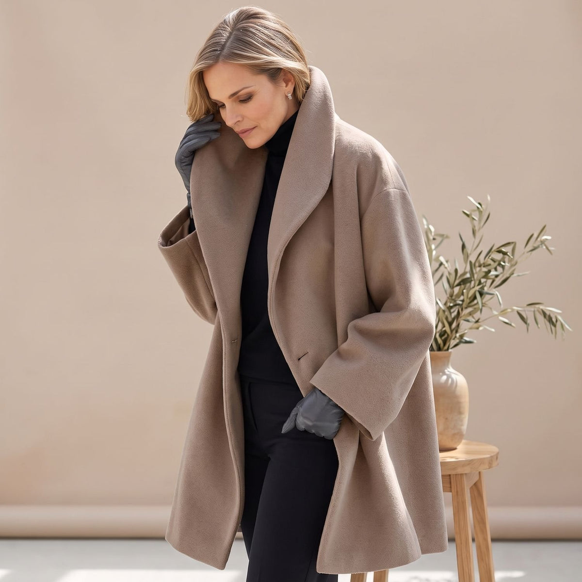 Women's Oversized Wool Coat Wide Lapel Relaxed Fit - Khaki