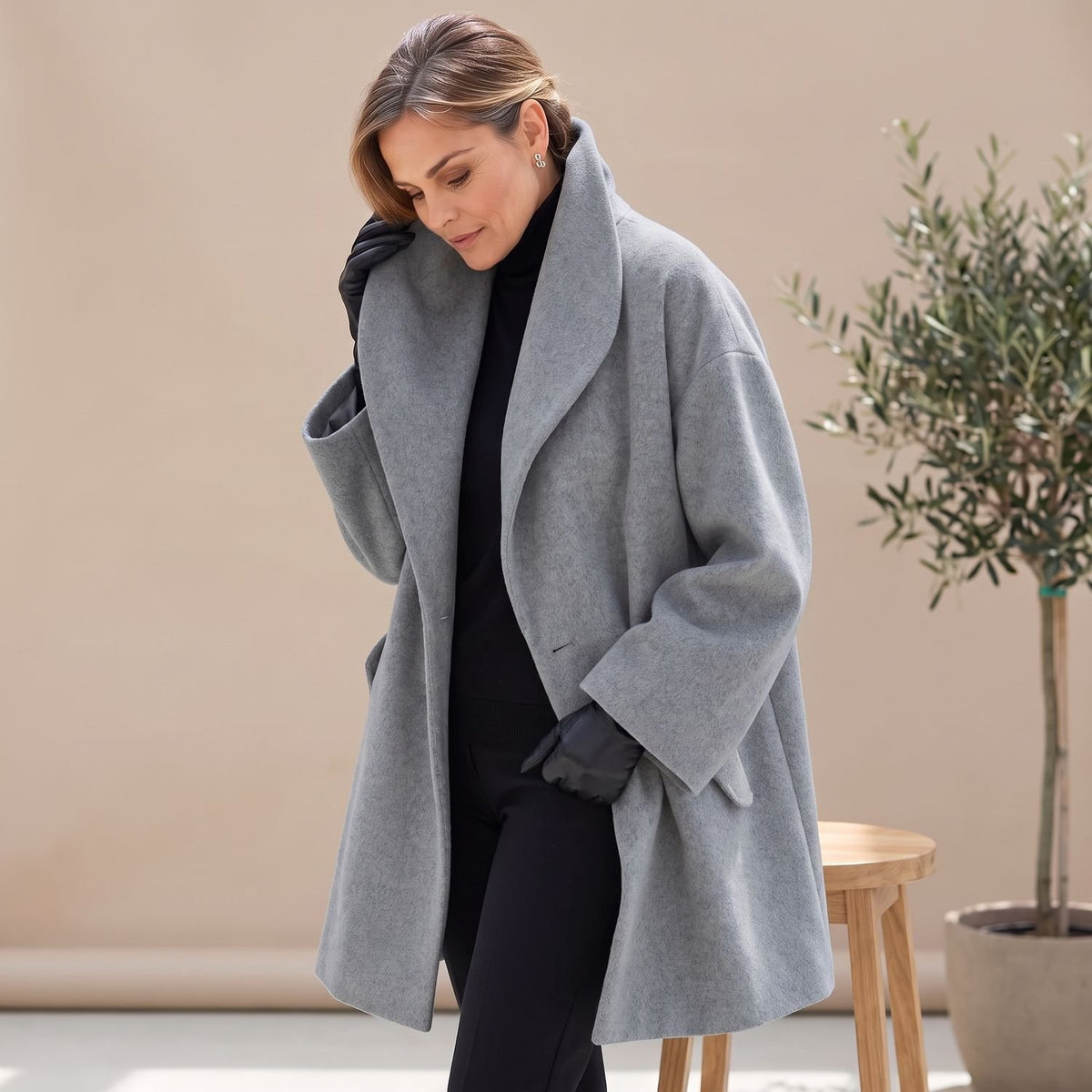 Women's Oversized Wool Coat Wide Lapel Relaxed Fit - Gray
