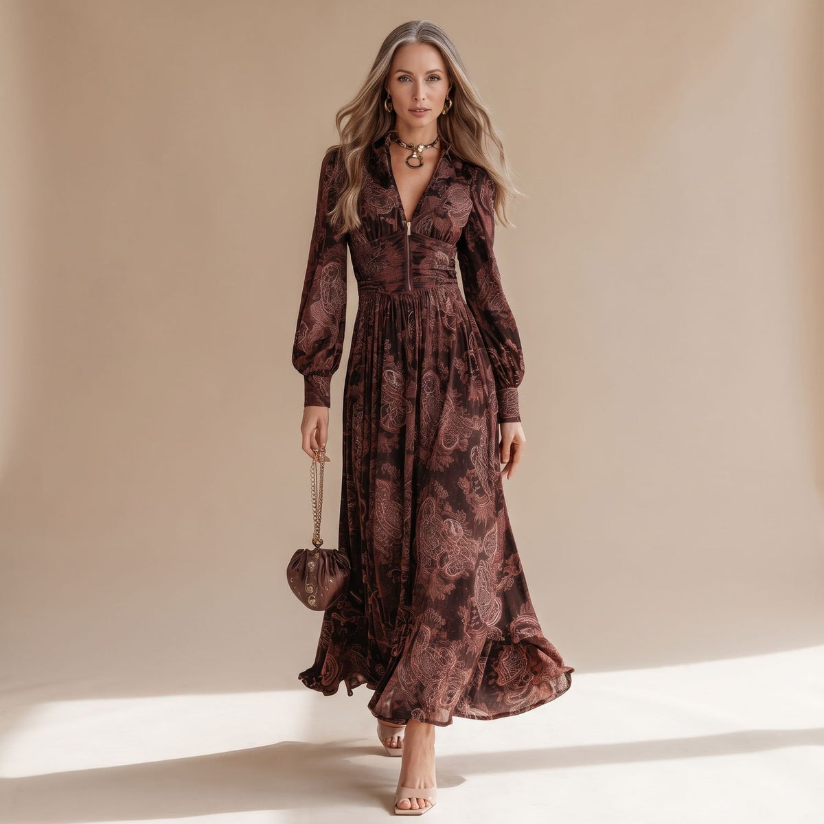 Women's Paisley Print Front-Zip Maxi Dress Long Sleeve