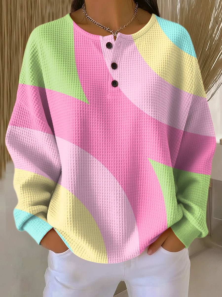 Women's Pastel Colorblock Waffle-Knit Henley Pullover Sweater - Pink