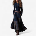 Women's Patchwork Plaid Maxi Long Sleeve Dress Button-Front Flared - Royal Blue