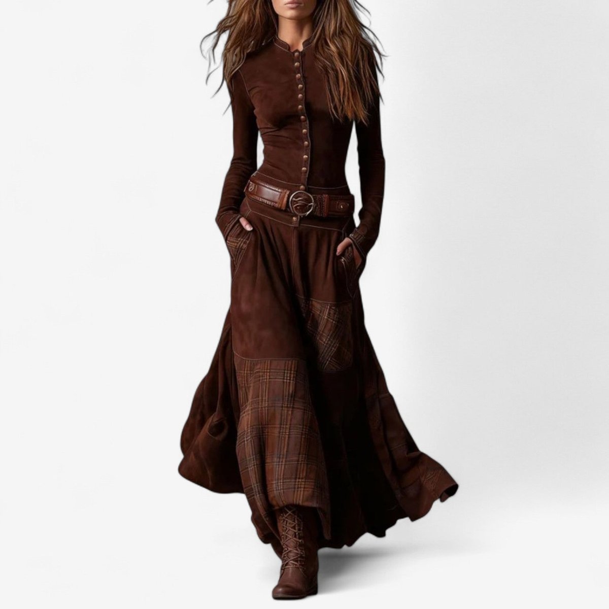 Women's Patchwork Plaid Maxi Long Sleeve Dress Button-Front Flared - Red