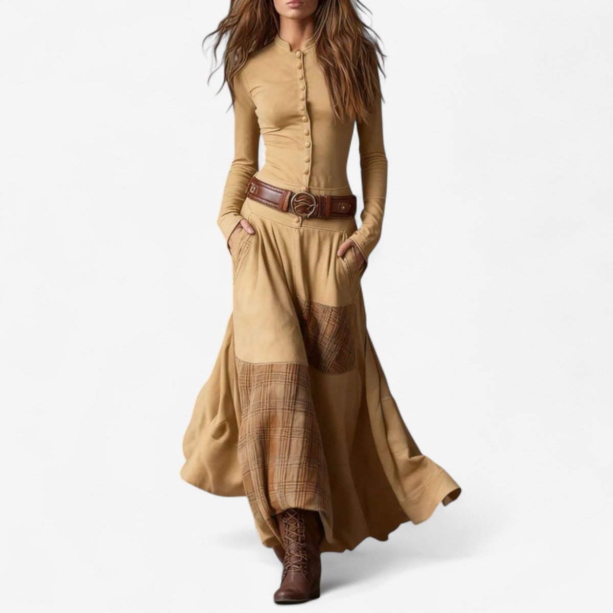 Women's Patchwork Plaid Maxi Long Sleeve Dress Button-Front Flared - Apricot