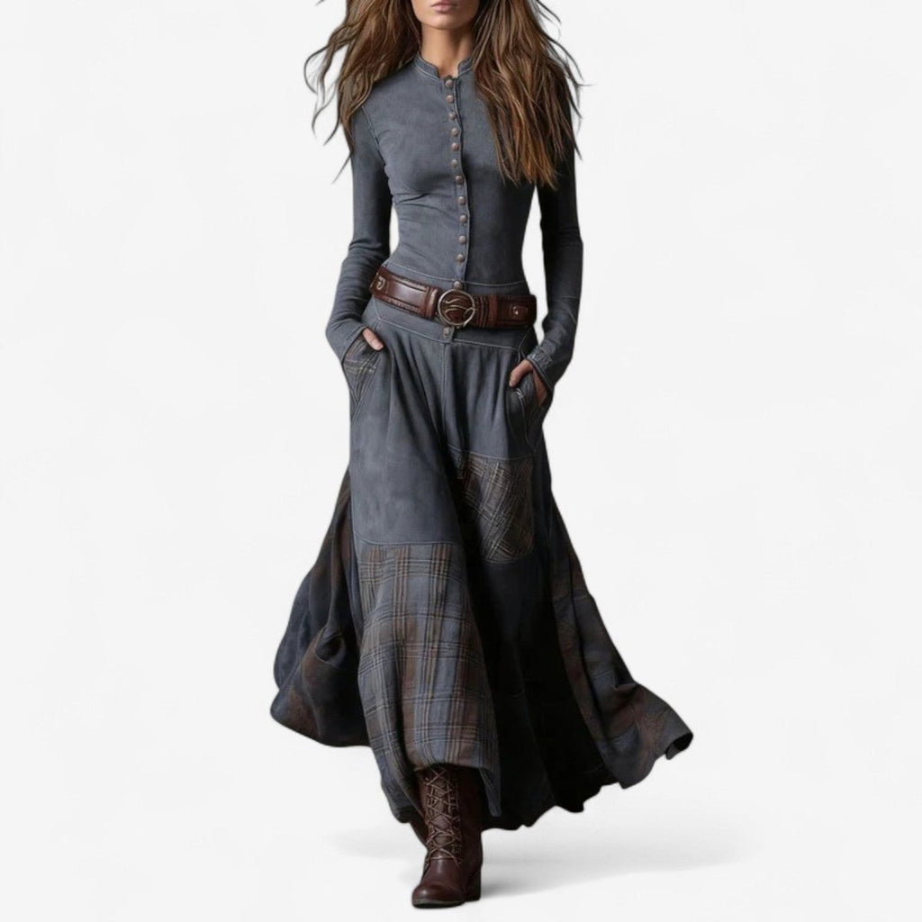Women's Patchwork Plaid Maxi Long Sleeve Dress Button-Front Flared - Gray