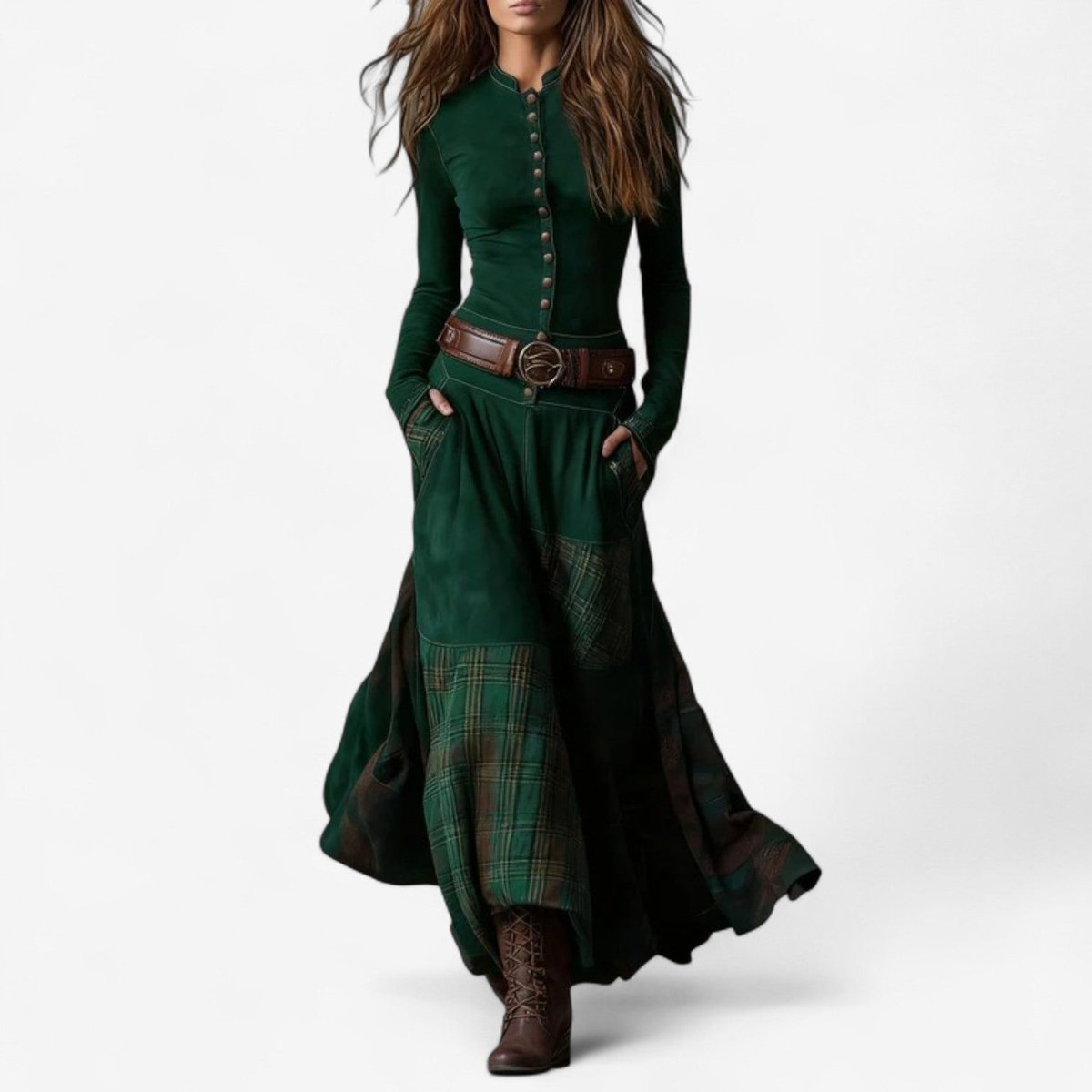 Women's Patchwork Plaid Maxi Long Sleeve Dress Button-Front Flared - Green