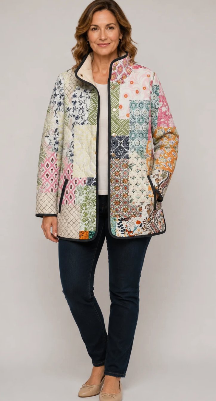 Women's Patchwork Quilted Floral Stand-Collar Jacket - Multicolor