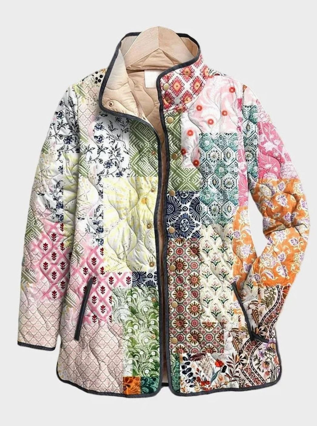 Women's Patchwork Quilted Floral Stand-Collar Jacket
