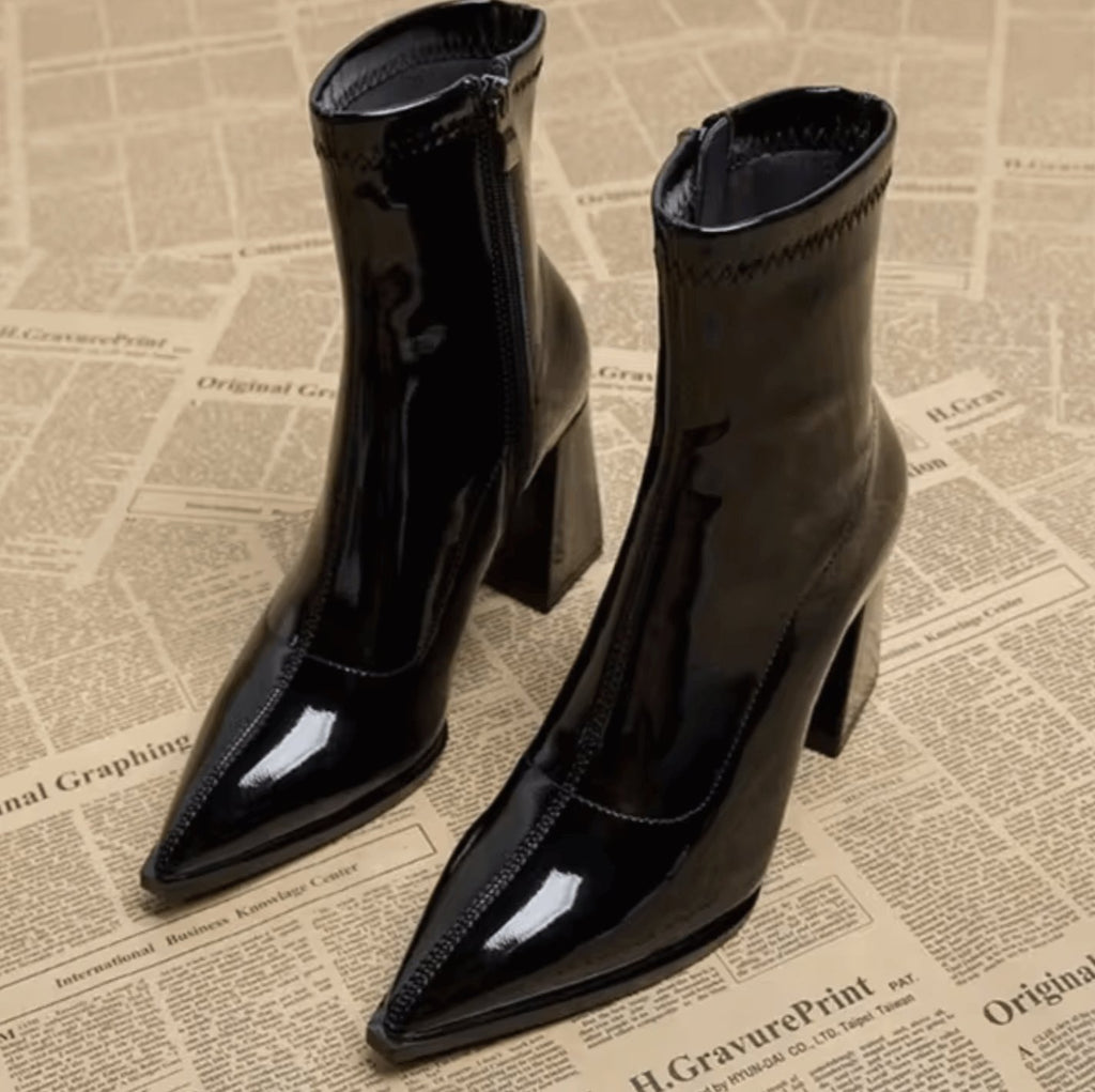 Women's Patent Faux Leather Pointed-Toe Block-Heel Ankle Boots - Black