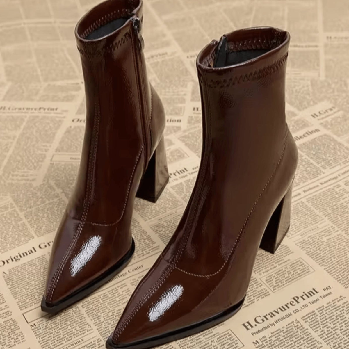 Women's Patent Faux Leather Pointed-Toe Block-Heel Ankle Boots - Brown