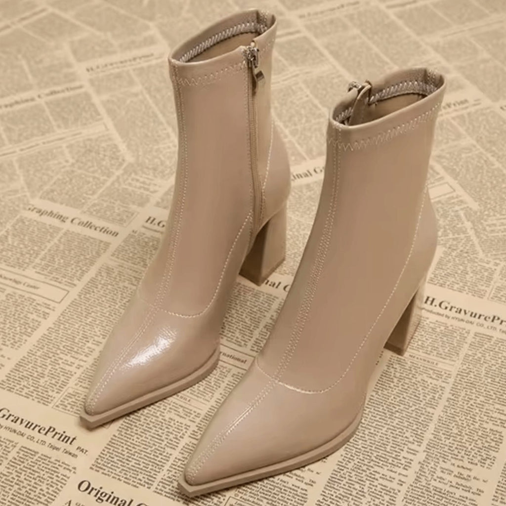 Women's Patent Faux Leather Pointed-Toe Block-Heel Ankle Boots - Khaki