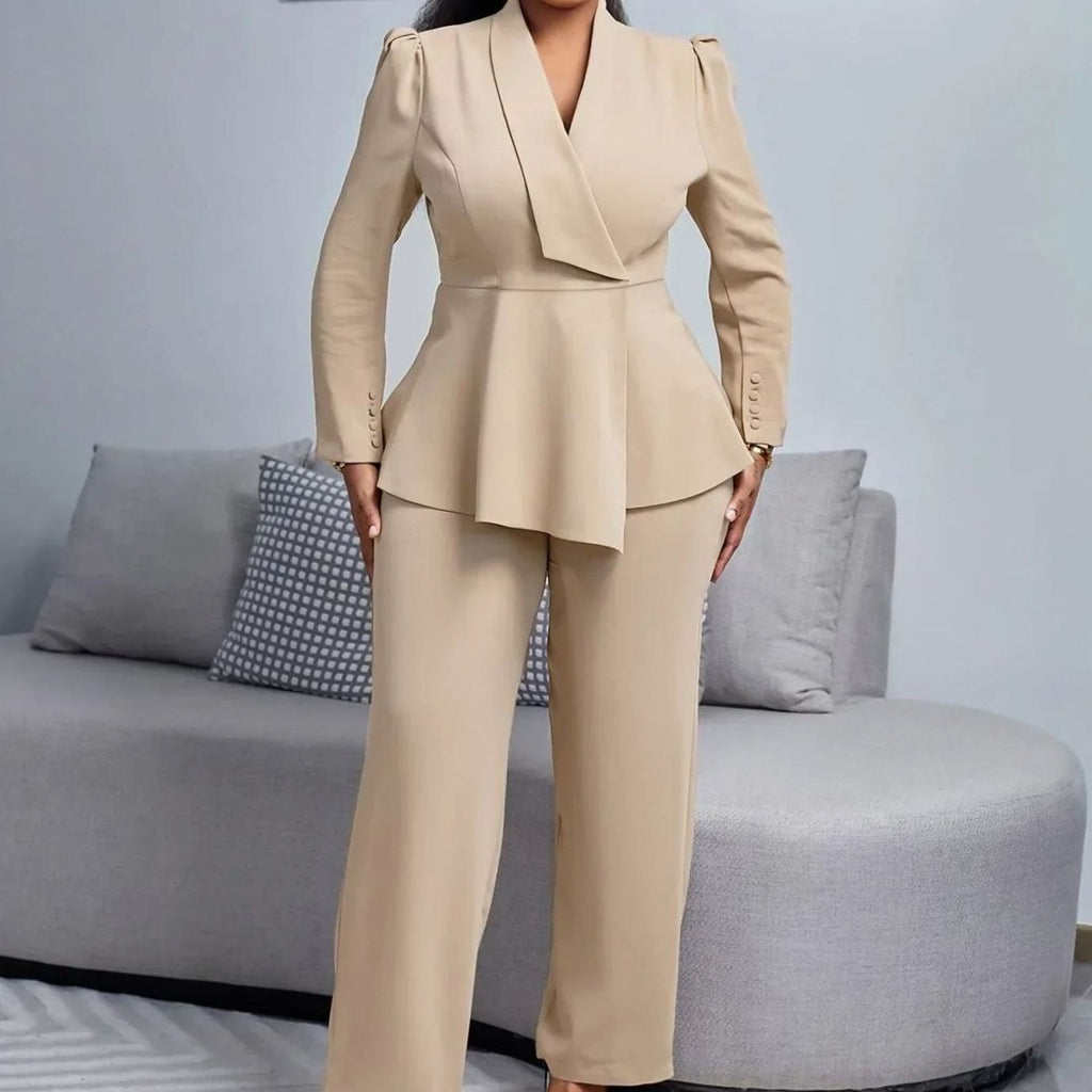 Women's Peplum Blazer Wide-Leg Pants Suit Set - Khaki