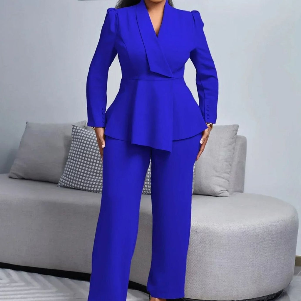 Women's Peplum Blazer Wide-Leg Pants Suit Set - Royal Blue