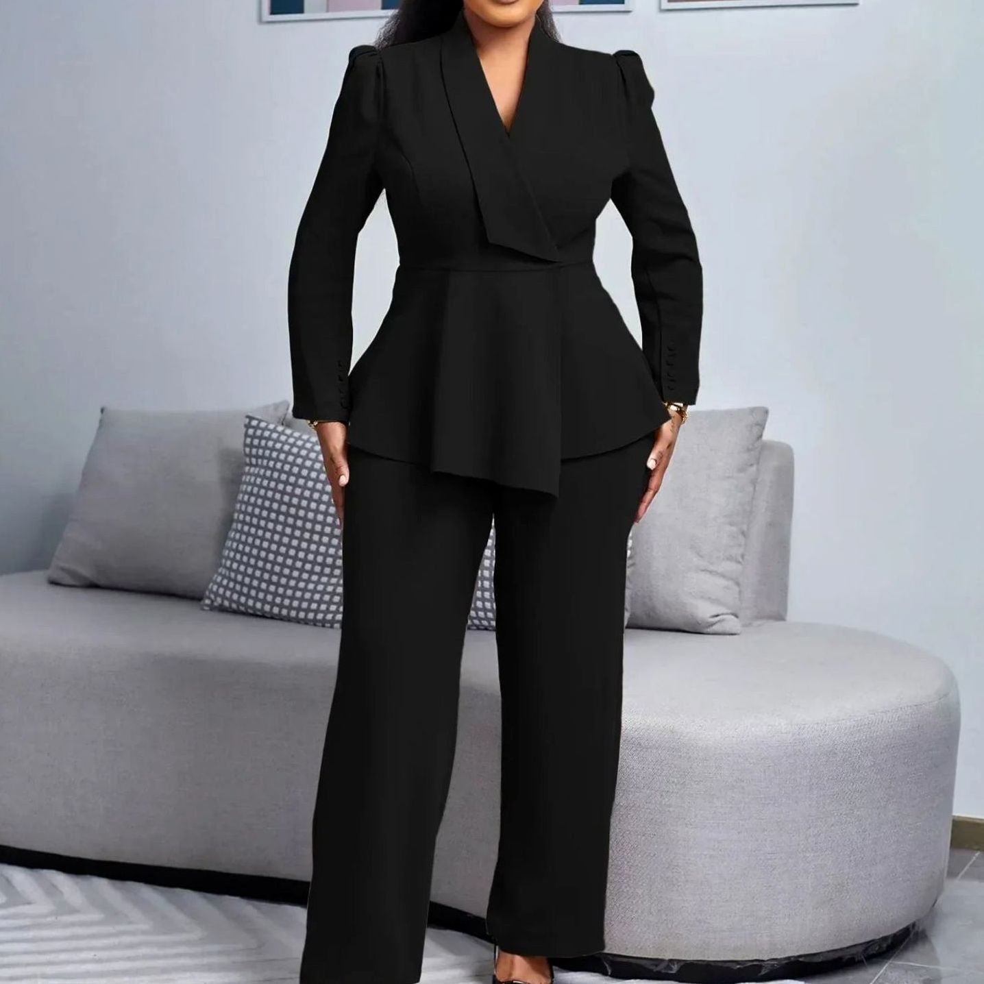 Women's Peplum Blazer Wide-Leg Pants Suit Set - Black